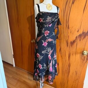 Black Floral Midi Silk MIDI Dress with Pink Blooms